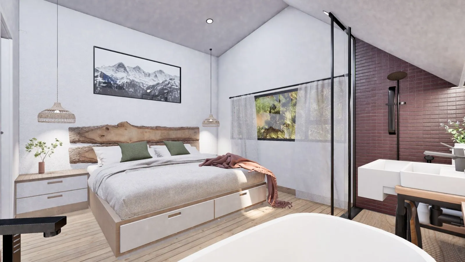 A modern bedroom with a large bed, natural wood accents, hanging lights, a shower and bathtub, and a window.