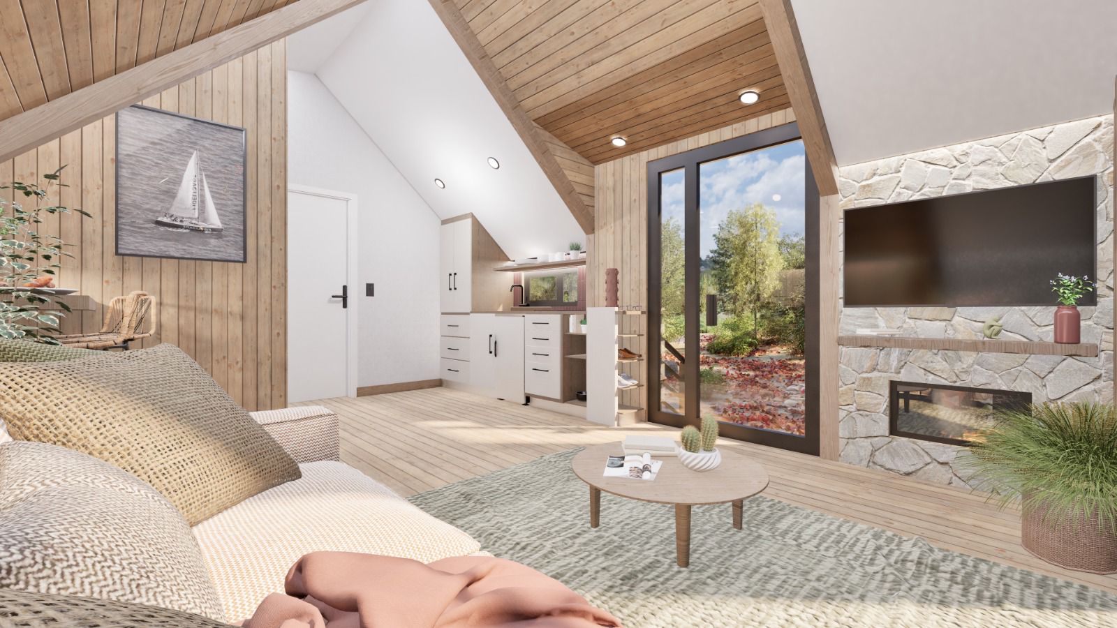 A modern living space with wood accents, a sofa, a small round coffee table, a kitchenette, a stone fireplace, and large glass doors.