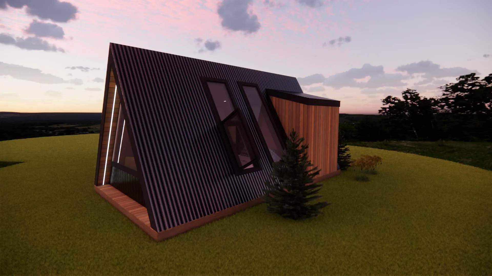 A modern A-frame house with large angled windows, dark siding, and wood accents sits on a grassy landscape at sunset.