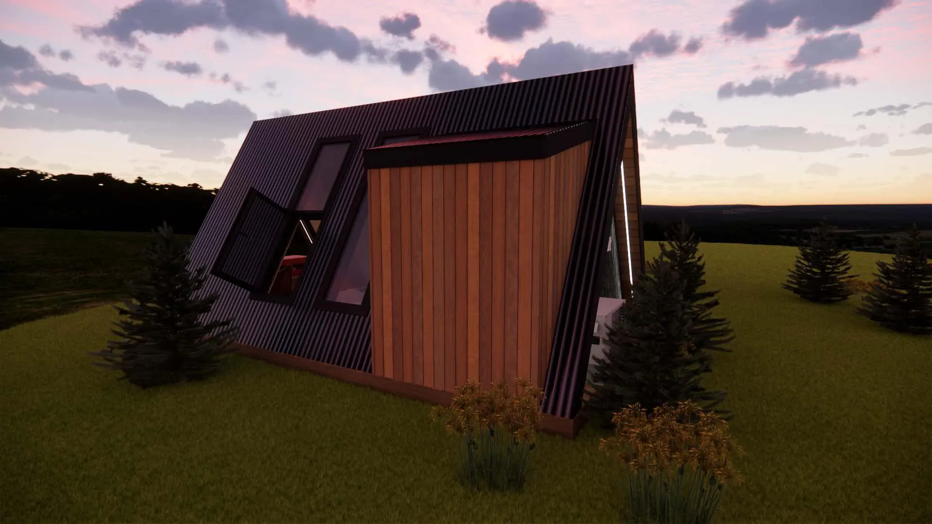 Modern house with an angled, black metal and wooden exterior, large windows, surrounded by grass, small trees, and shrubs at sunset.