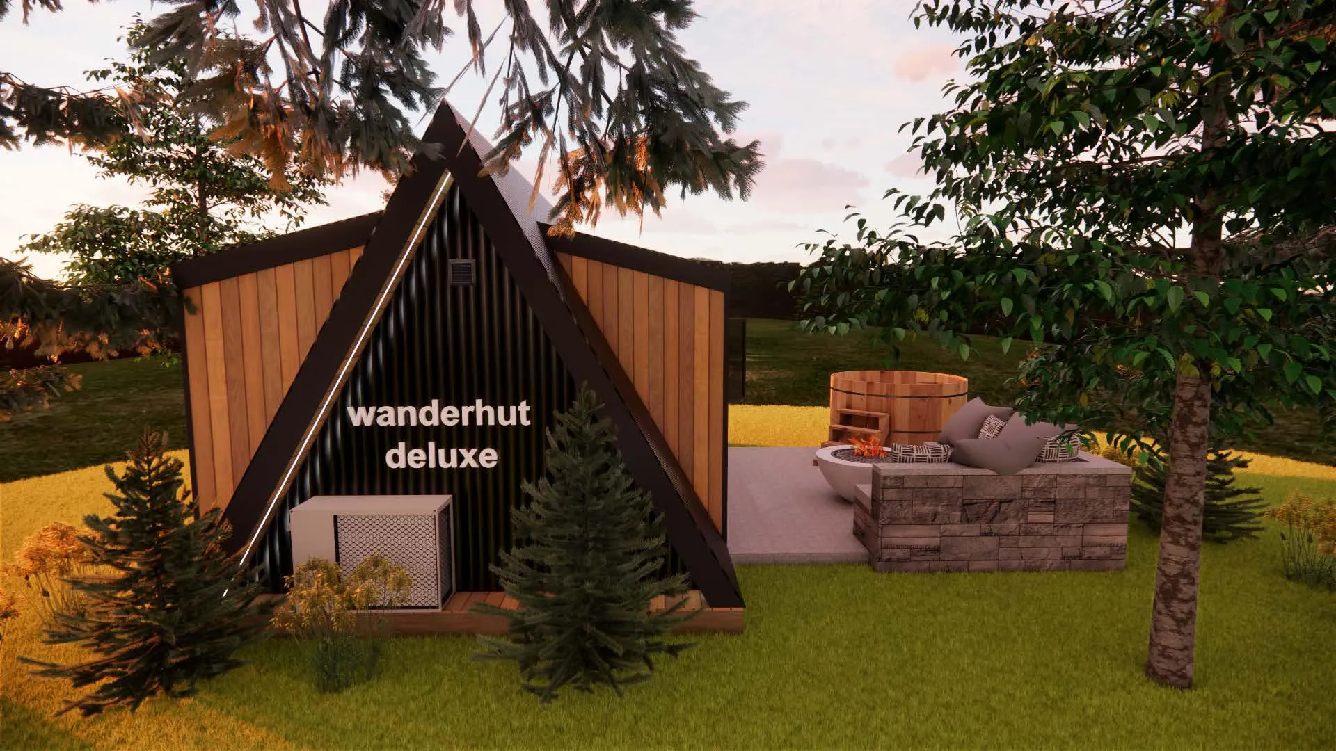 A-frame wooden cabin labeled "wanderhut deluxe" with an outdoor hot tub and seating area, surrounded by trees and grass.