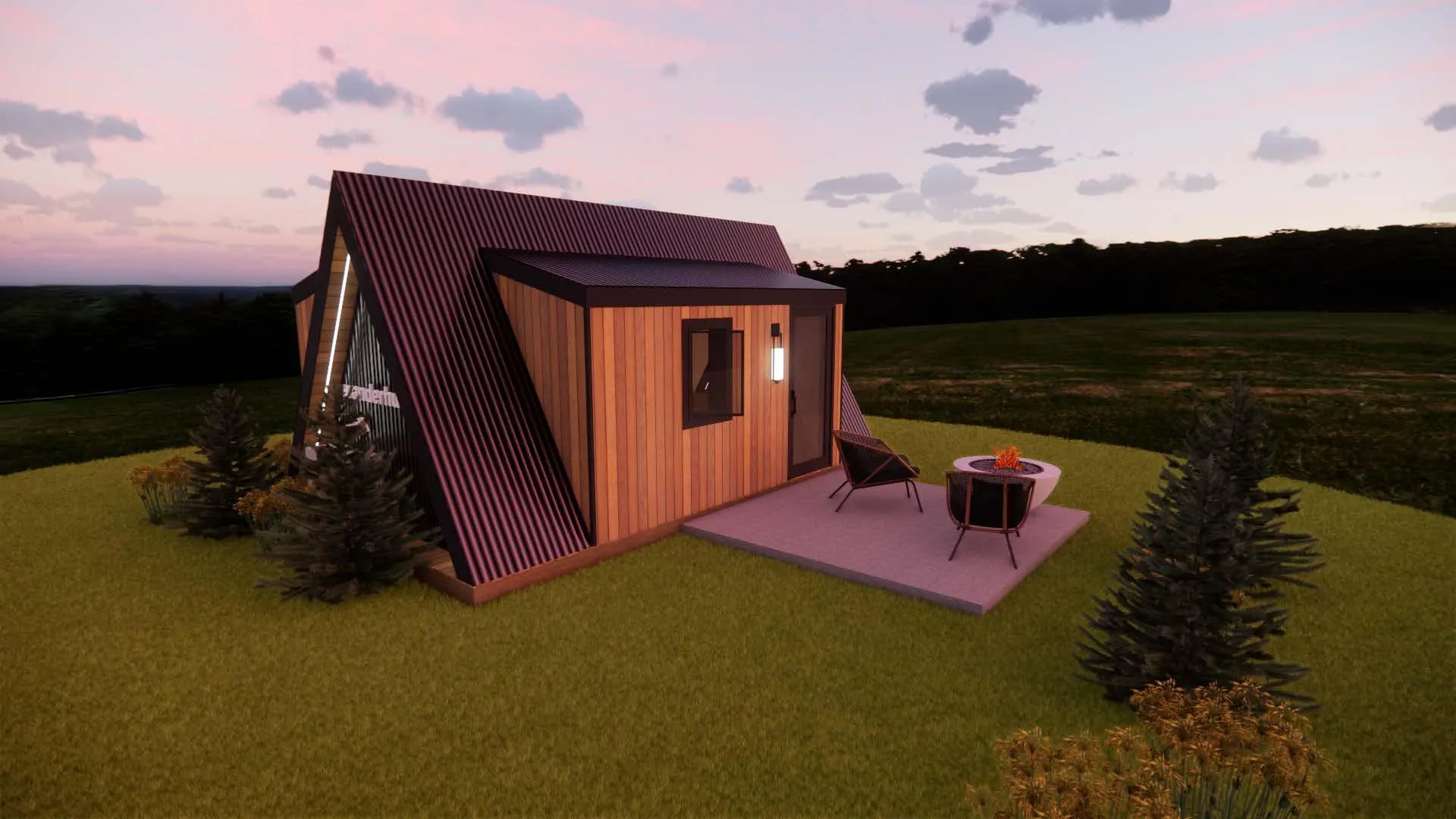 A modern tiny house with wood siding and dark roof panels, featuring a small patio with two chairs and a table, set on a grassy landscape at sunset.