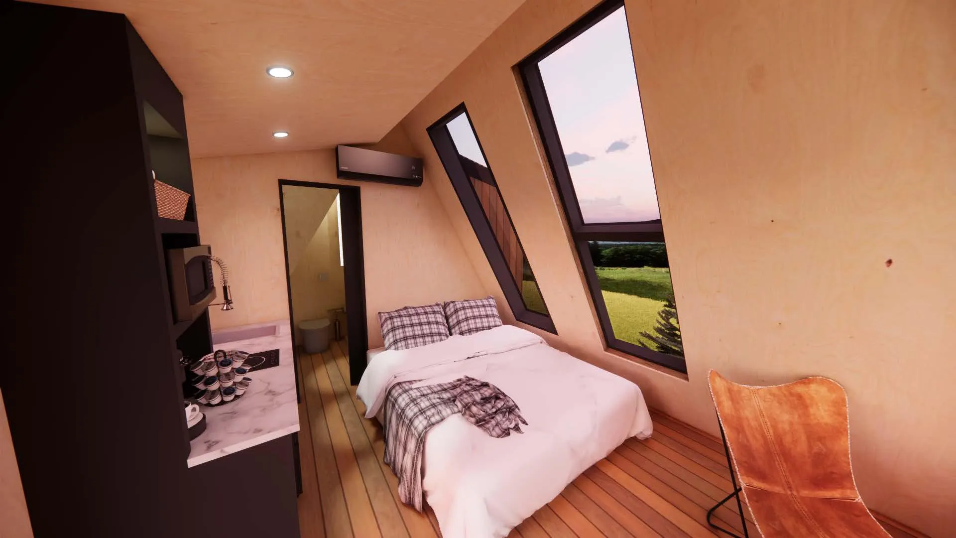 A modern, compact bedroom with wood-paneled walls, a double bed, kitchenette and large angled windows.