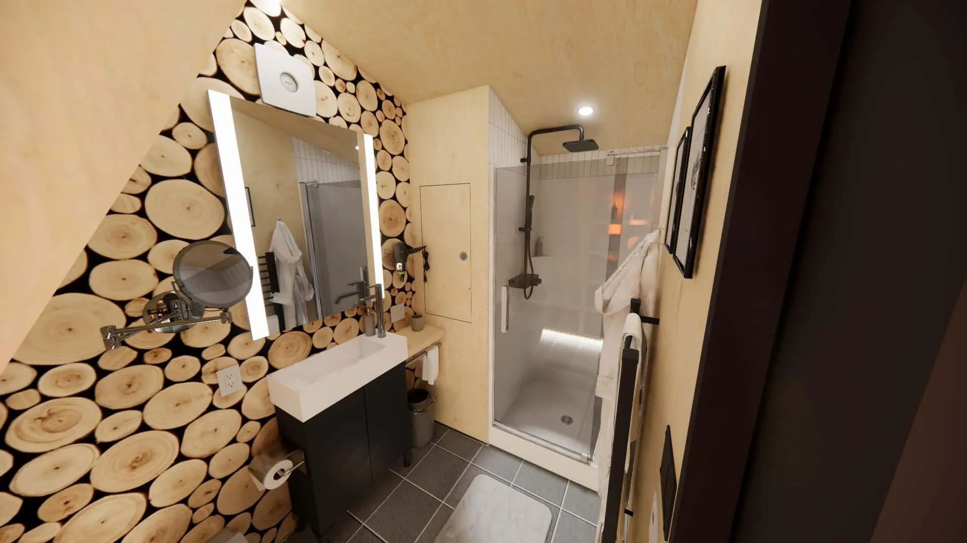 Modern bathroom with a shower, small sink, and log slice accent wall, featuring a backlit mirror and black fixtures.