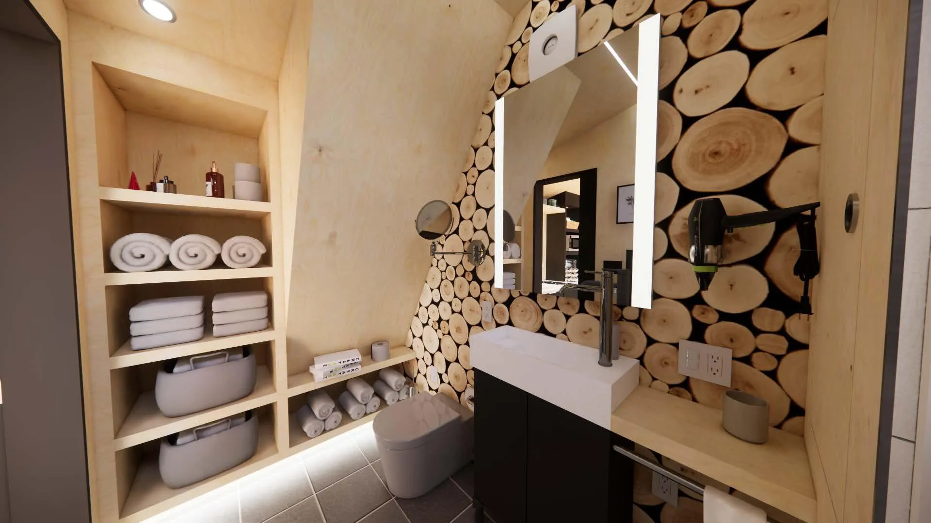 Modern bathroom with a log slice accent wall, rectangular mirror, sink, shelves with towels and baskets, and various toiletries neatly arranged.