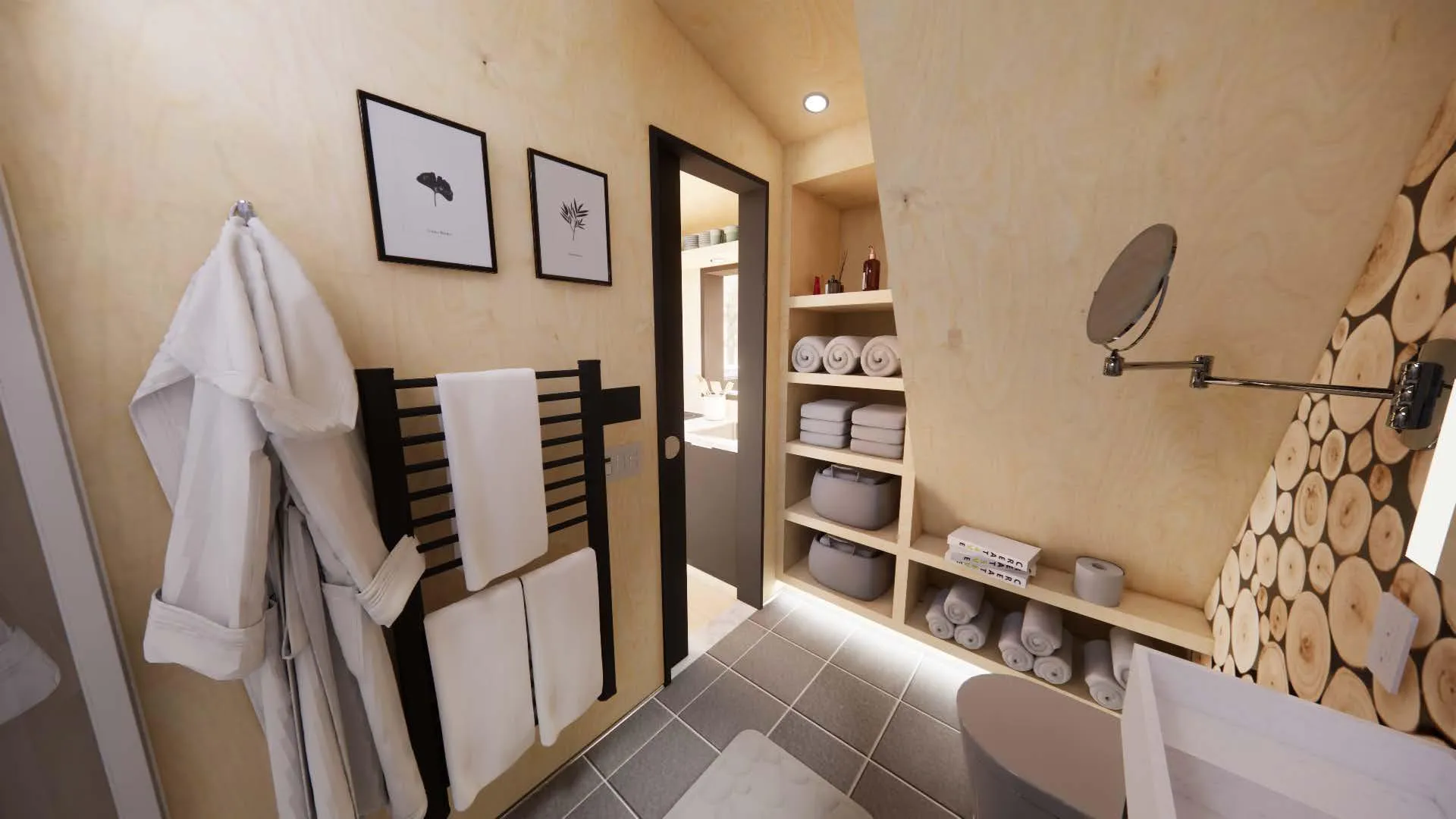 Modern bathroom with light wood walls, shelves stocked with towels, a black towel rack with robes and towels, and a small sink area with a round mirror.
