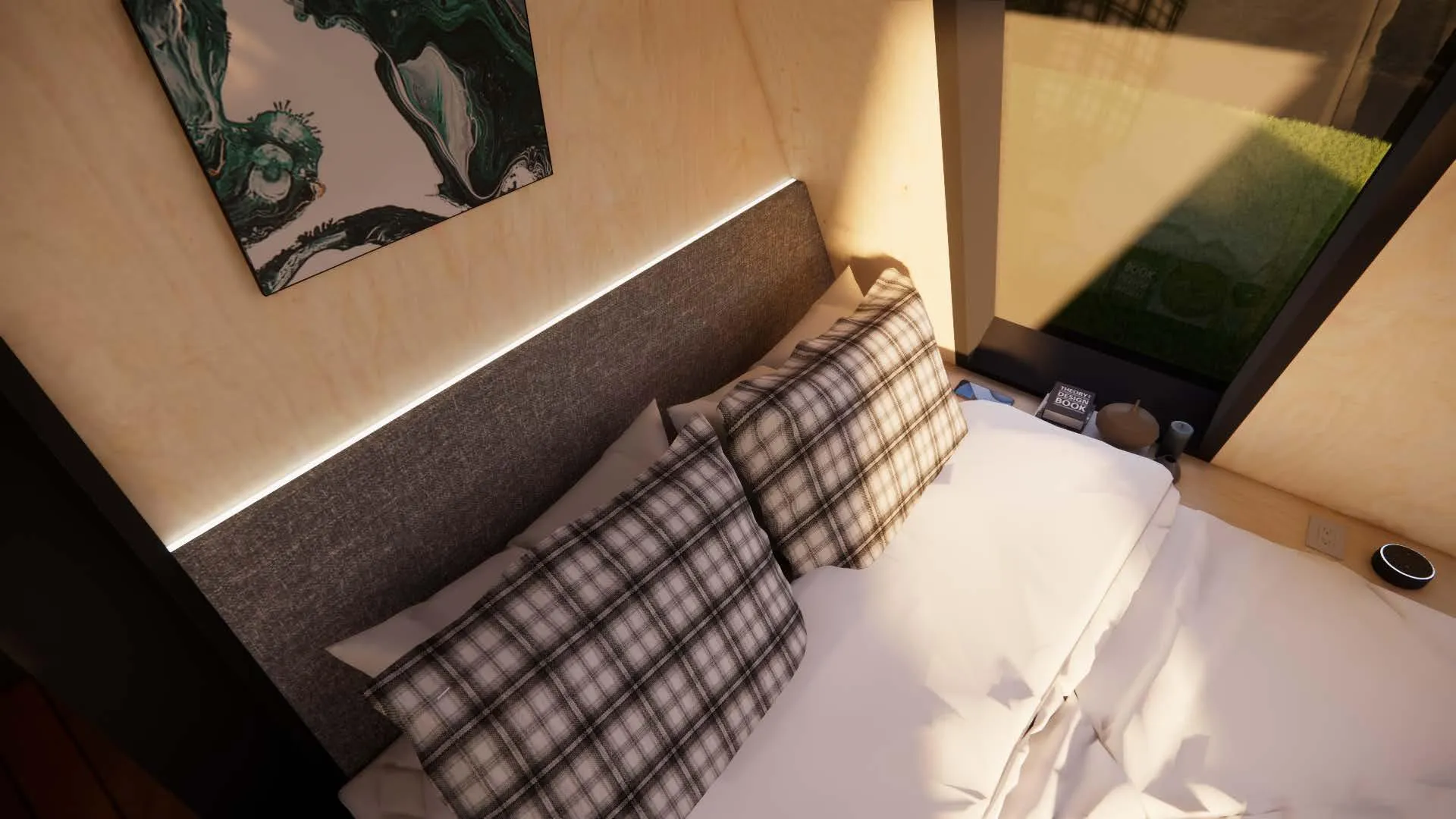 A neatly made bed with plaid pillows, headboard with a light strip, bedside table with items, and a window letting in sunlight. Abstract artwork hangs above the bed.