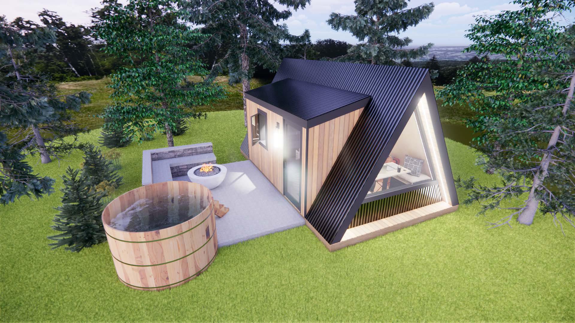 A-frame cabin with a hot tub, fire pit, and seating area in a wooded setting.