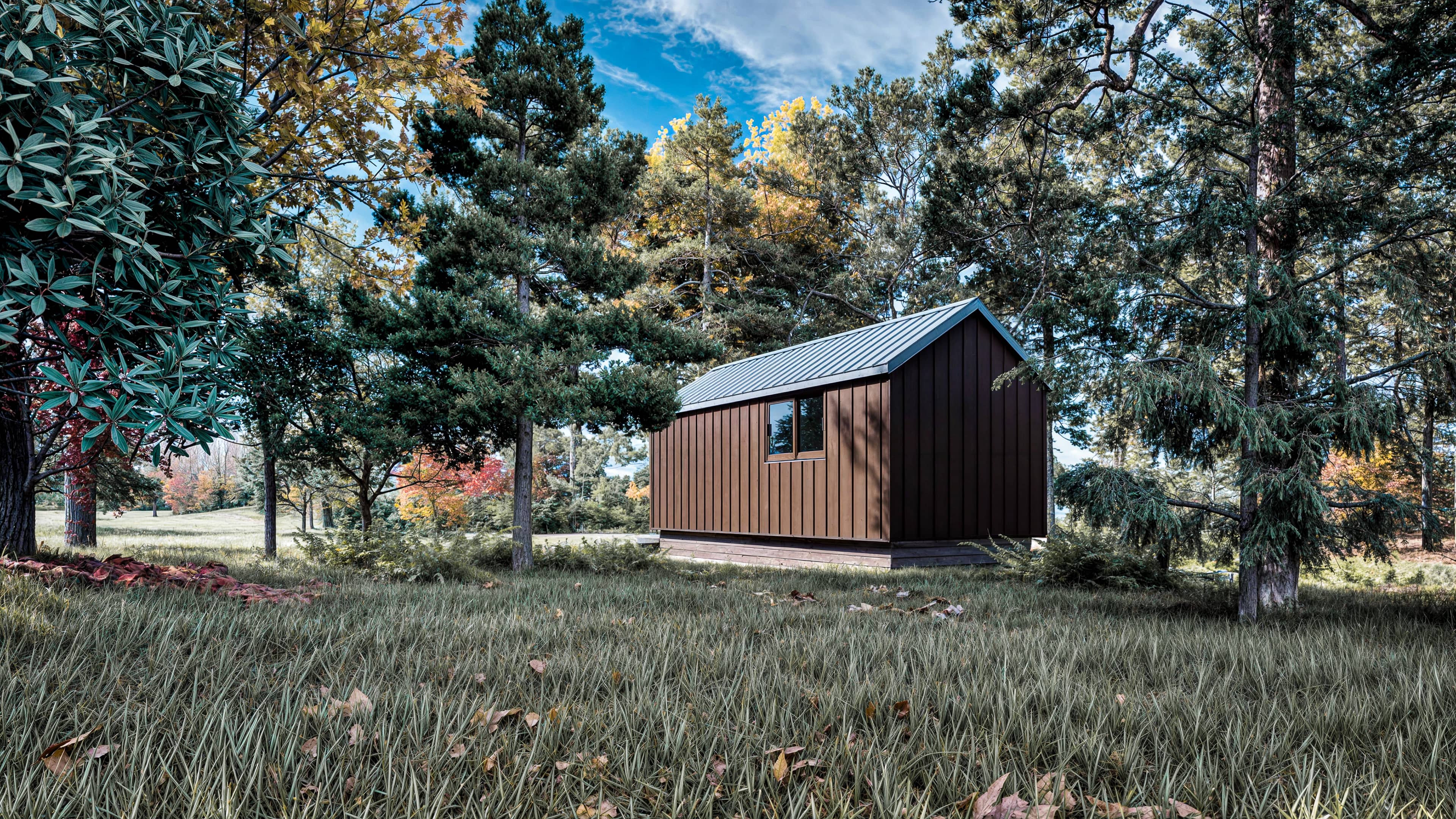 Small brown cabin with a metal roof stands among tall trees on a grassy area under a blue sky with scattered clouds.