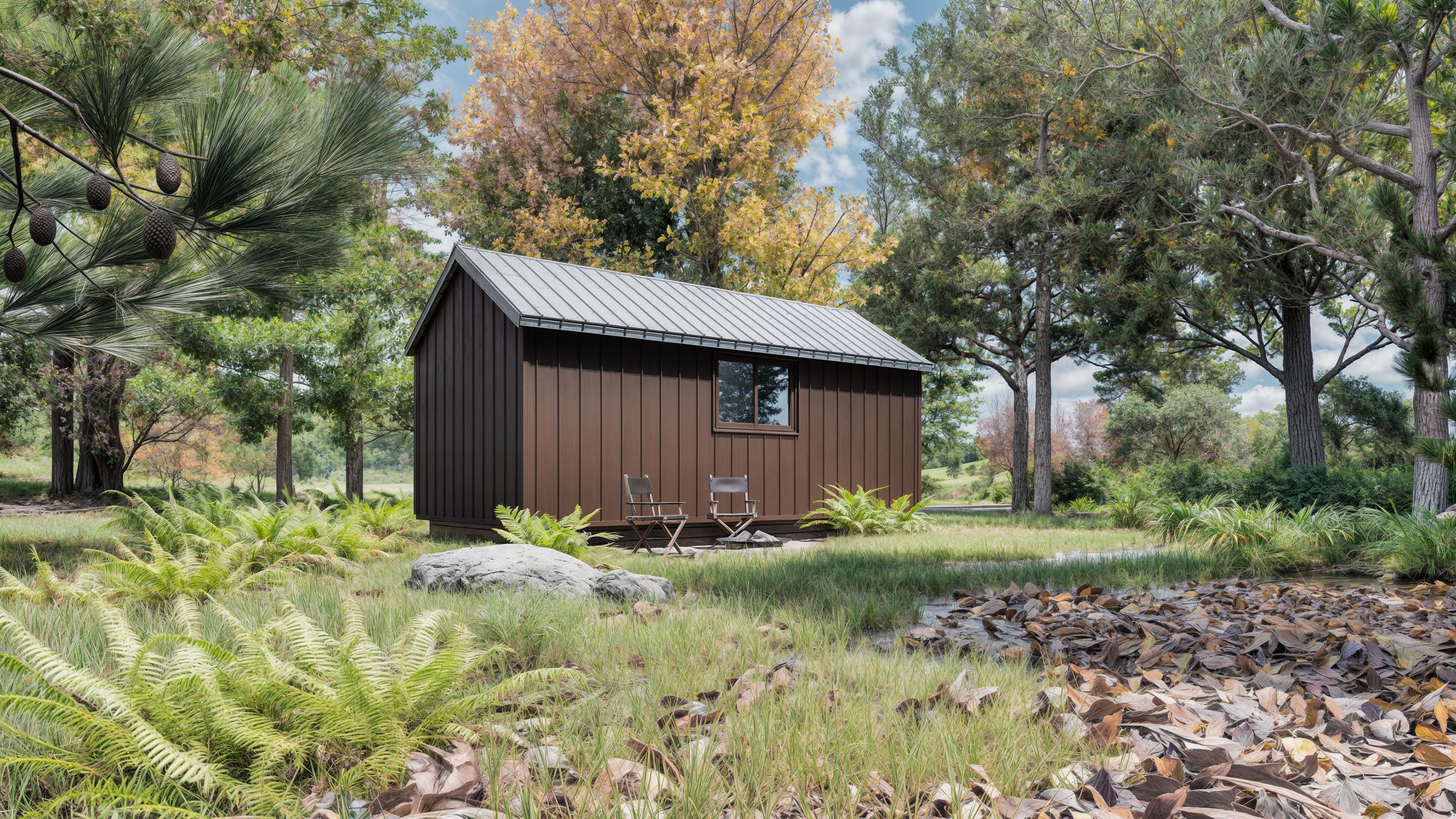 Small brown cabin with a metal roof sits in a grassy clearing, surrounded by trees, ferns, and two wooden chairs near the entrance.