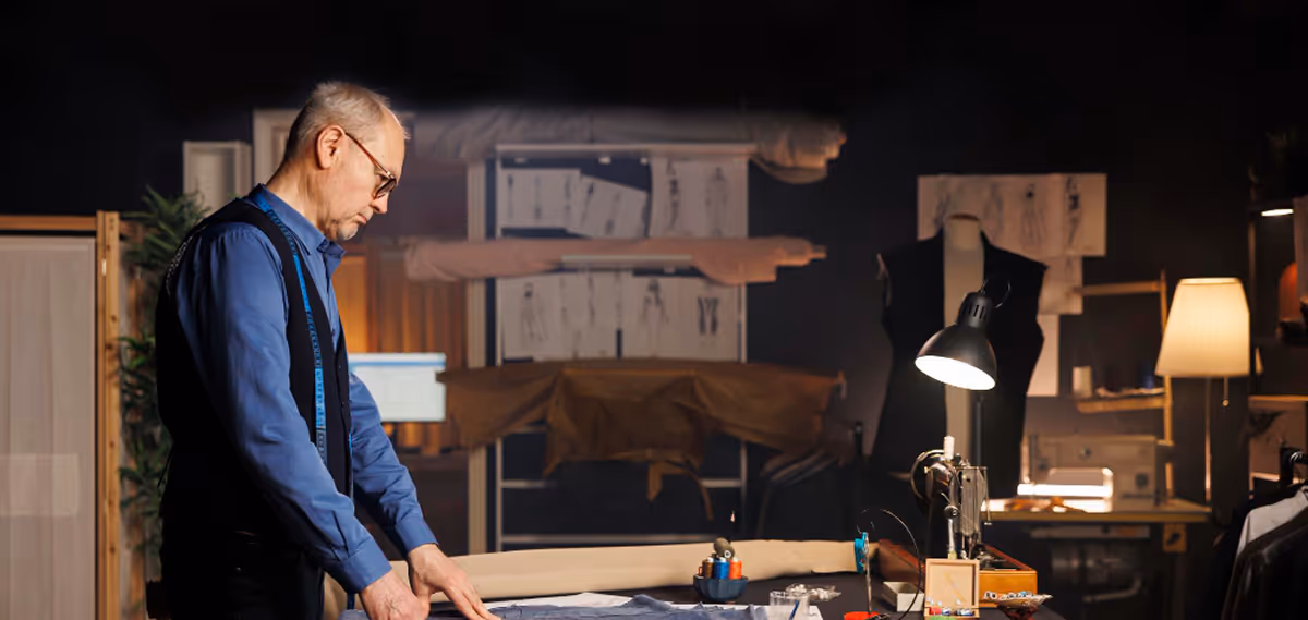Older man tailoring fabric on a table in a dimly lit sewing workshop with sketches and a mannequin in the background.