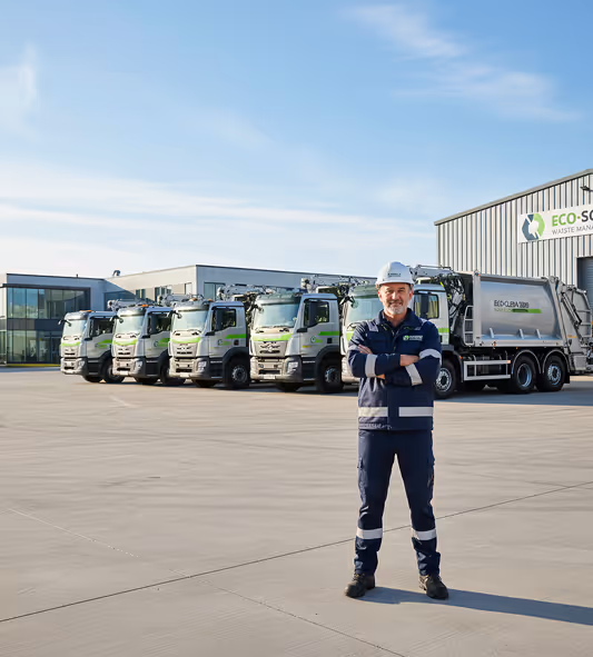 Man in protective workwear and helmet standing in front of a row of waste management trucks outside an Eco-Solutions facility.