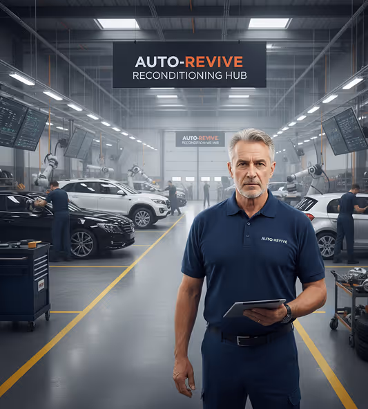 Man in navy blue AUTO-REVIVE uniform holding a tablet standing in a modern car reconditioning workshop with cars and robotic arms in the background.
