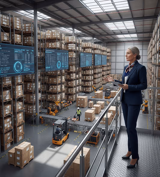 Businesswoman holding a tablet and inspecting a large warehouse with shelves of boxes and digital screens showing data.