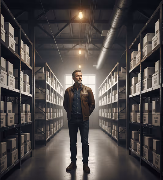 Man in a brown leather jacket standing in the middle of a warehouse aisle between shelves filled with cardboard boxes.