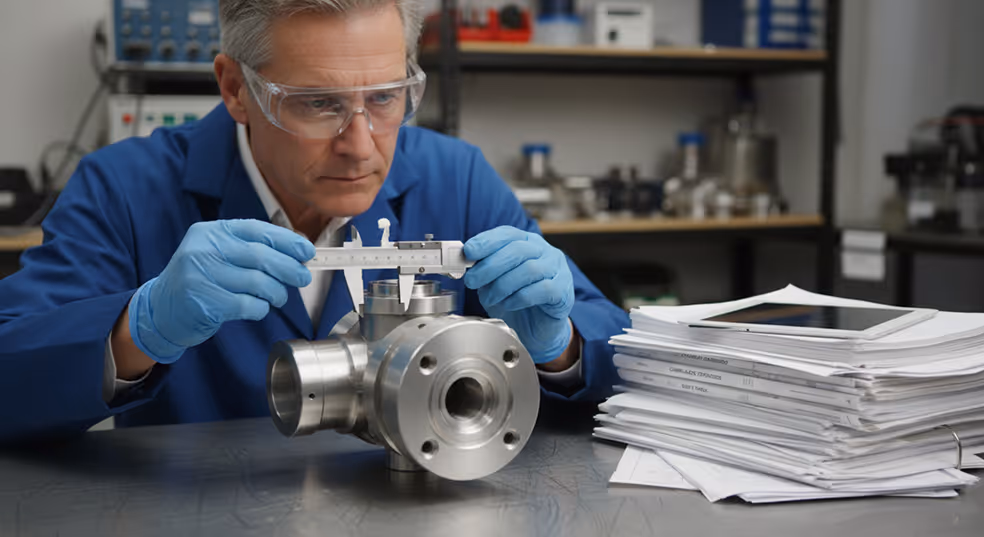 Engineer wearing safety glasses and gloves measuring a metal valve component with calipers in a workshop.