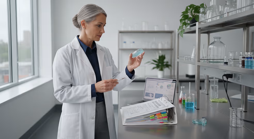 Scientist in a lab coat examining a petri dish inside a modern laboratory with research documents and chemical glassware on the counter.