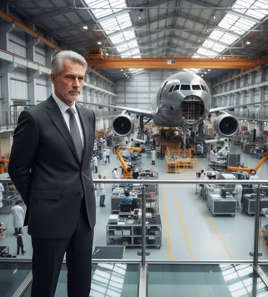 Man in a suit standing inside an aircraft assembly factory with a large airplane undergoing construction in the background.