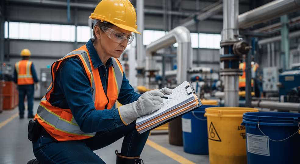 Female factory worker in safety gear writing on a clipboard inside an industrial facility.