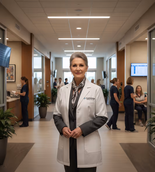 Confident female doctor standing in a well-lit medical clinic hallway with staff and patients in the background.