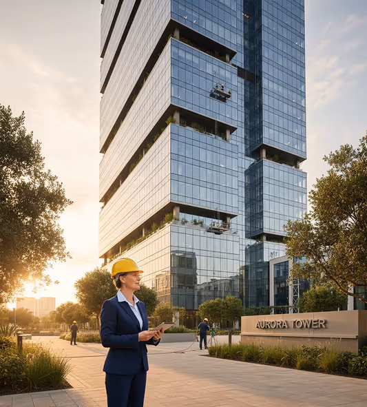 Woman in a yellow hard hat and navy suit holding a tablet standing outside the Aurora Tower modern glass office building at sunset.