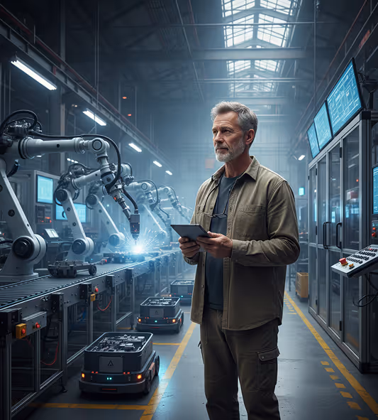 Engineer monitoring robotic arms welding on an assembly line in a high-tech factory using a digital tablet.