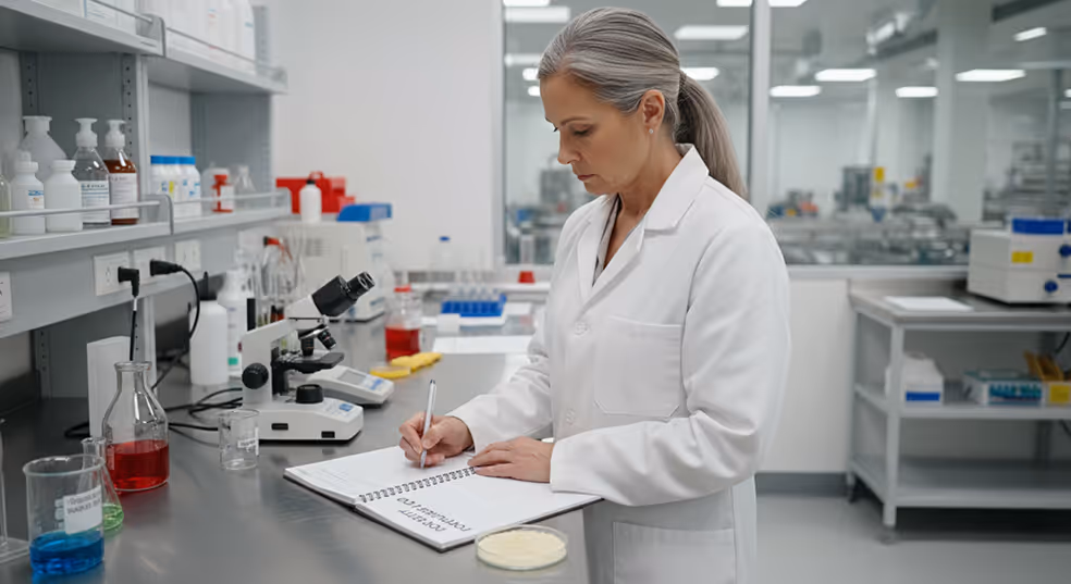 Scientist in a white lab coat writing notes in a laboratory surrounded by scientific equipment and glassware.