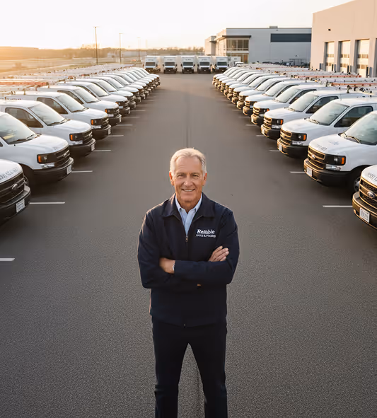 Smiling man in a Reliable Plumbing jacket standing with arms crossed in front of two rows of white service vans parked outside a building.