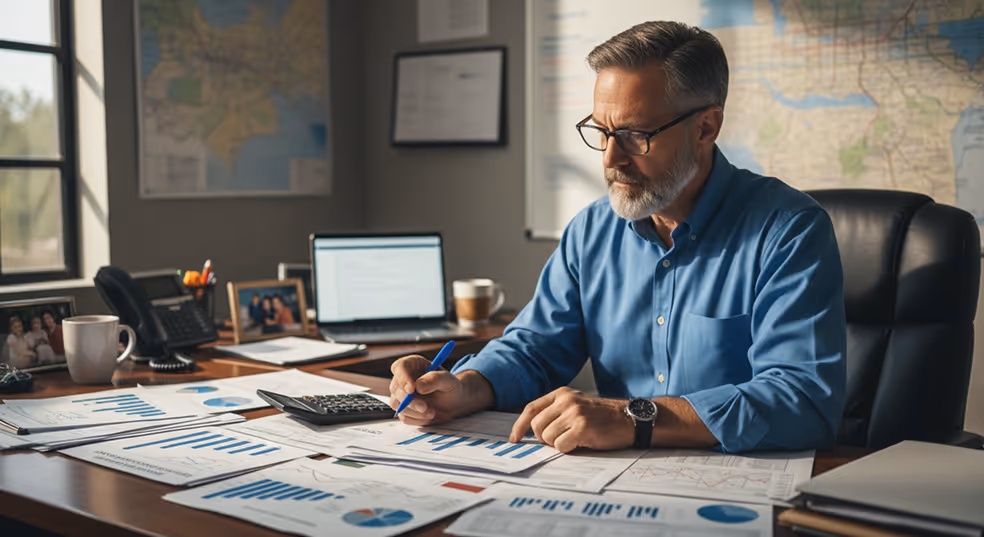 Middle-aged man in blue shirt analyzing charts and graphs spread on office desk with laptop and calculator.