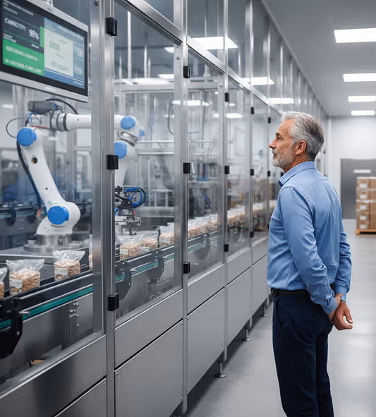 Man in blue shirt watching robotic arms packaging items in a modern factory production line.