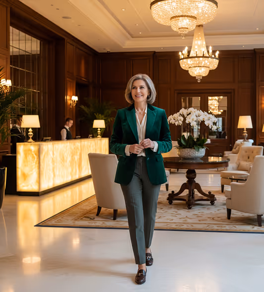 Confident woman in a green blazer and gray pants walking in a luxurious hotel lobby with chandeliers and elegant decor.