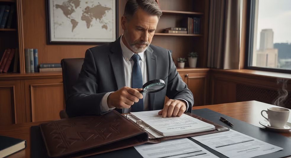 Middle-aged businessman in a suit using a magnifying glass to examine documents at a wooden desk in an office.