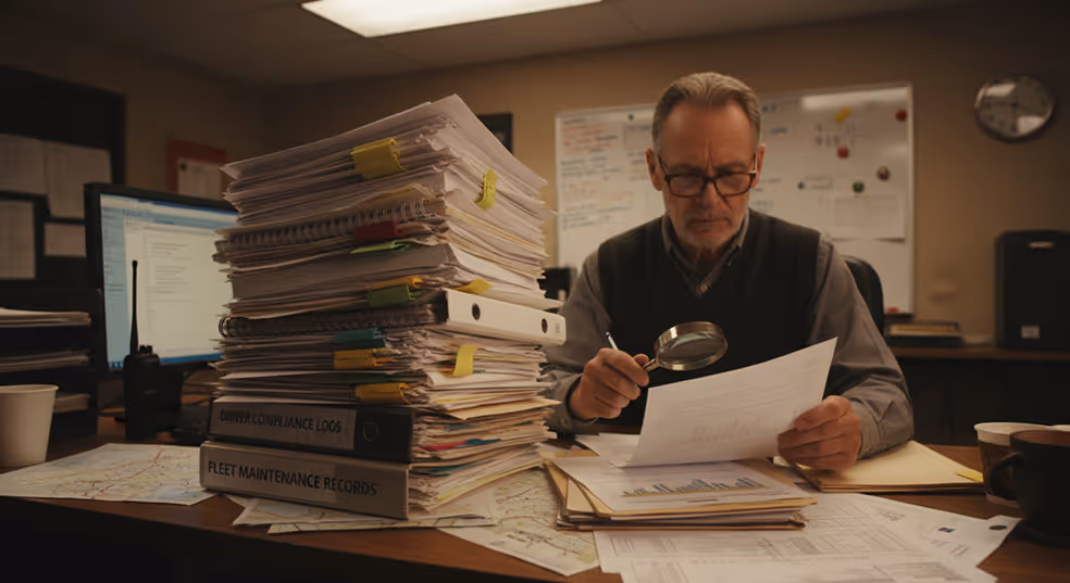 Man with glasses examining documents using a magnifying glass at a cluttered desk stacked with folders and papers.
