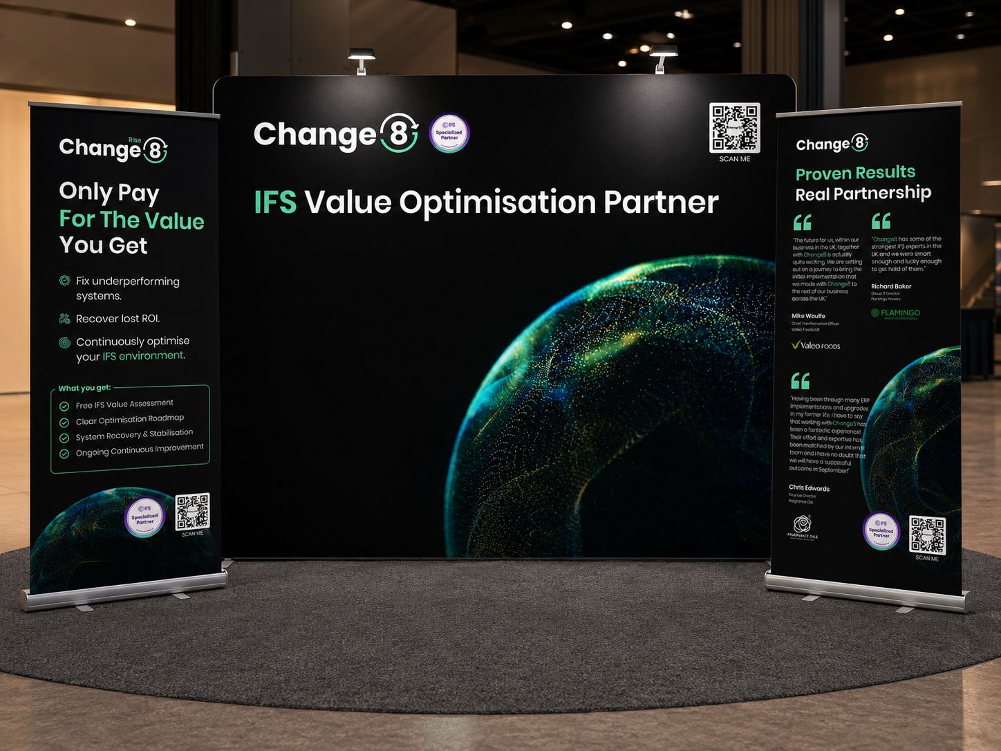 Change8 IFS booth graphic concept with an IFS-specific proposition, QR code and supporting pull-up banners
