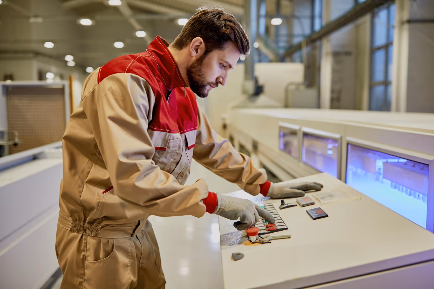 Industrial worker operating control panel buttons in a factory setting.