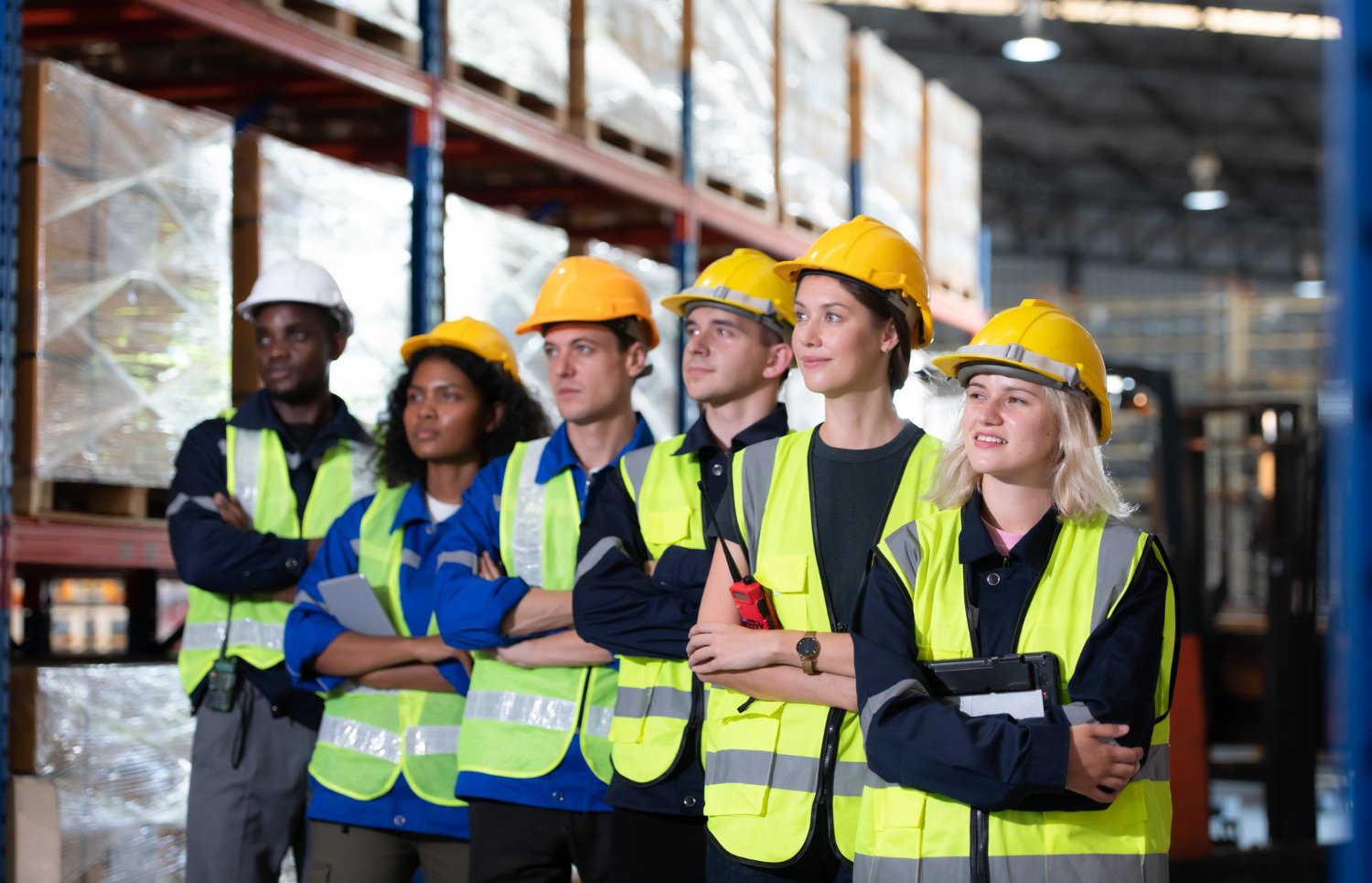 Diverse team of technicians in safety vests and hardhats in a warehouse