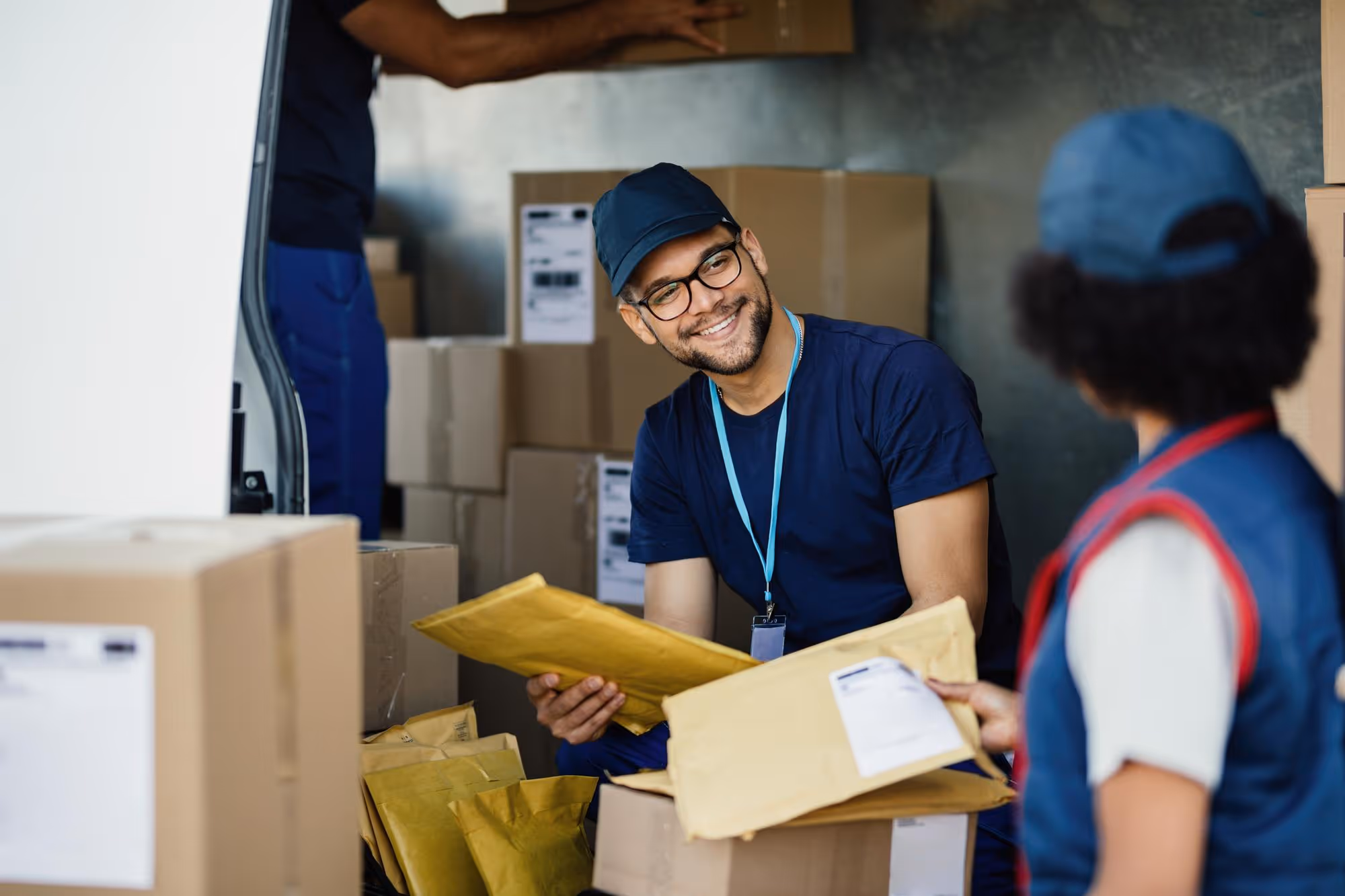 Two delivery workers in caps sorting and handing over packages amidst stacked cardboard boxes.