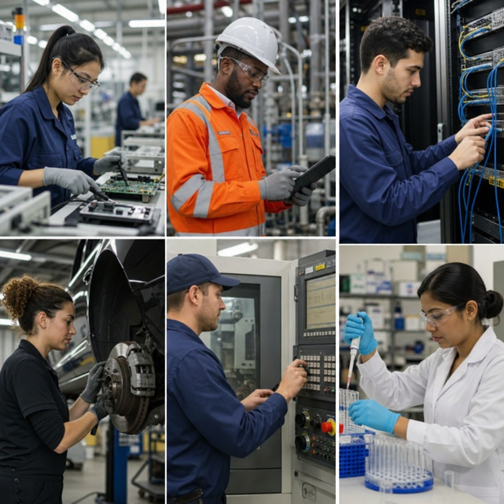 A diverse group of technicians working in various modern industries
