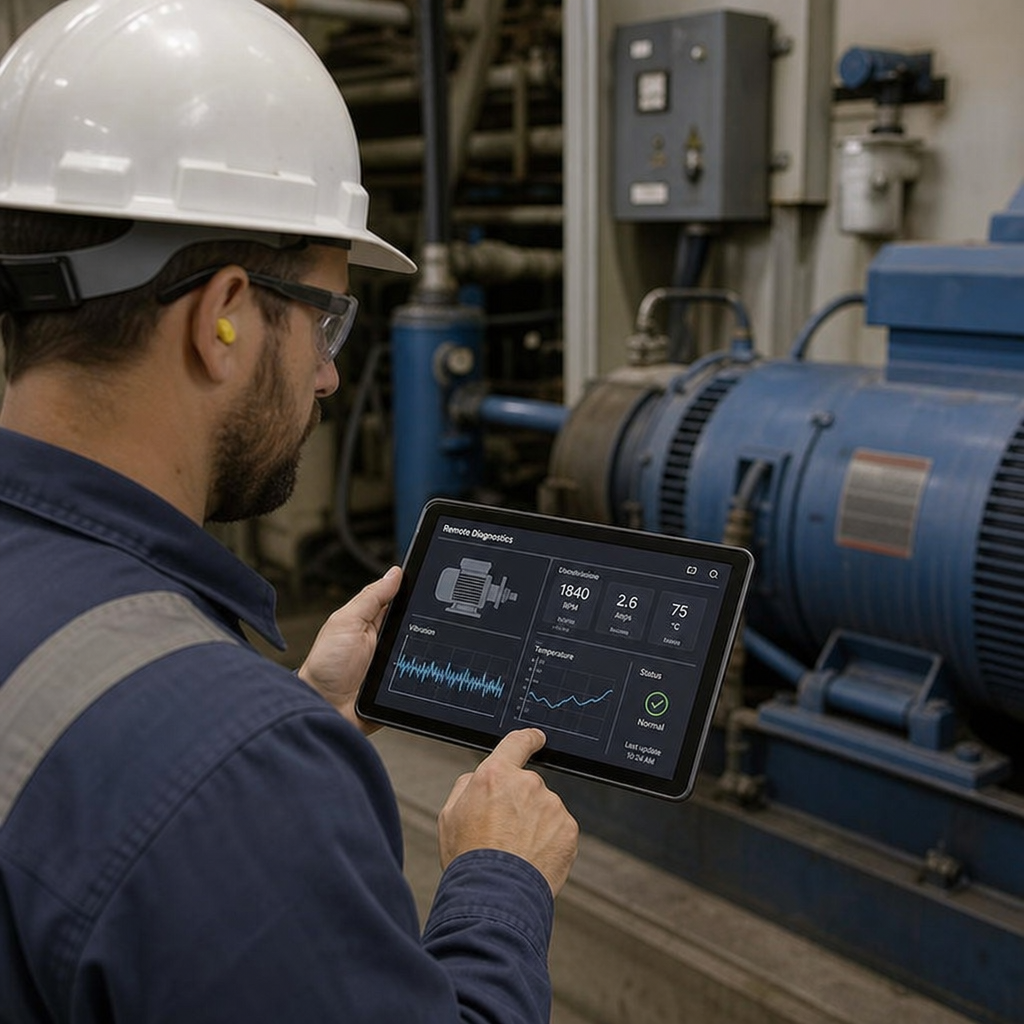 Industrial mechanic reviewing remote diagnostic data on a tablet