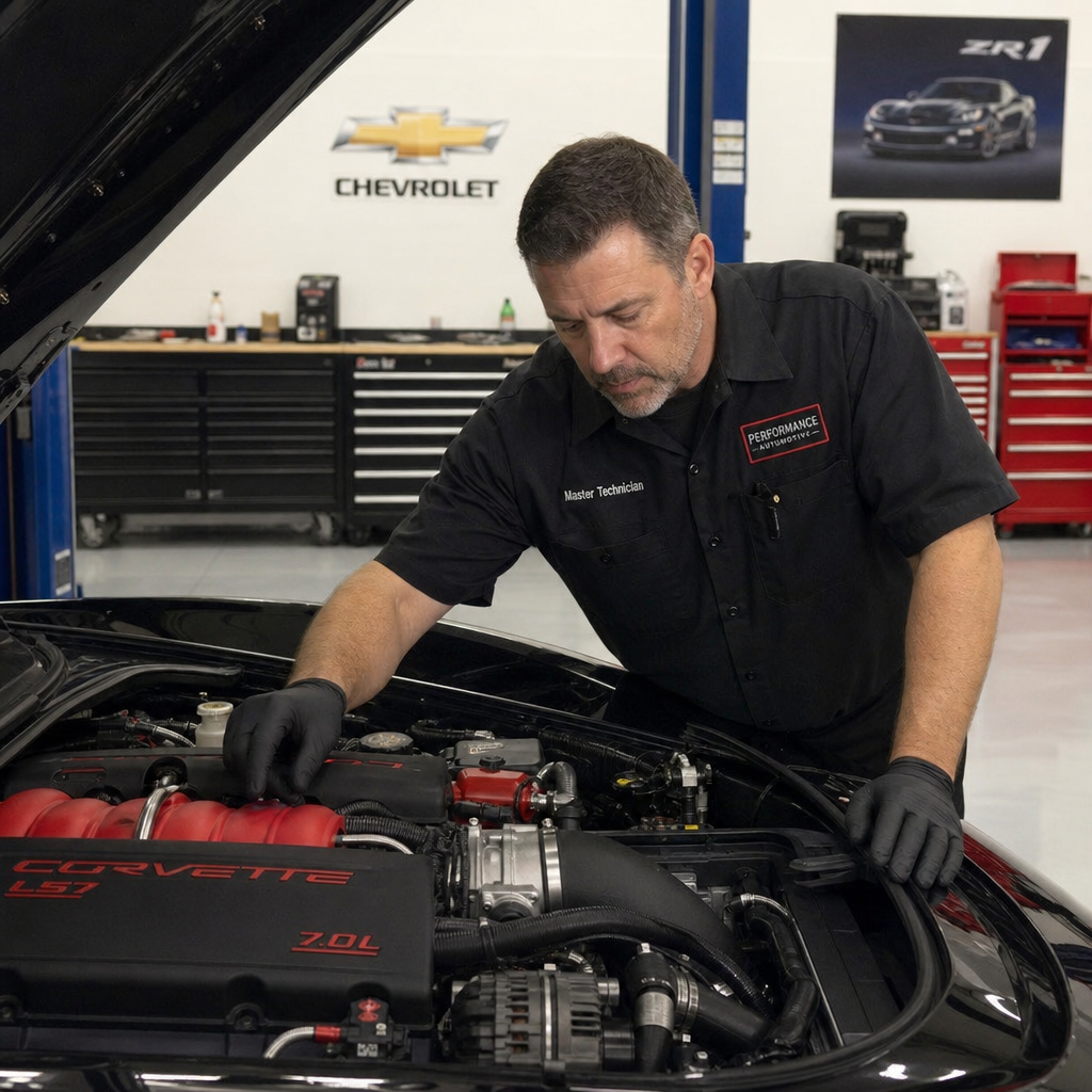 Master auto technician inspecting a high-performance engine in a pristine garage