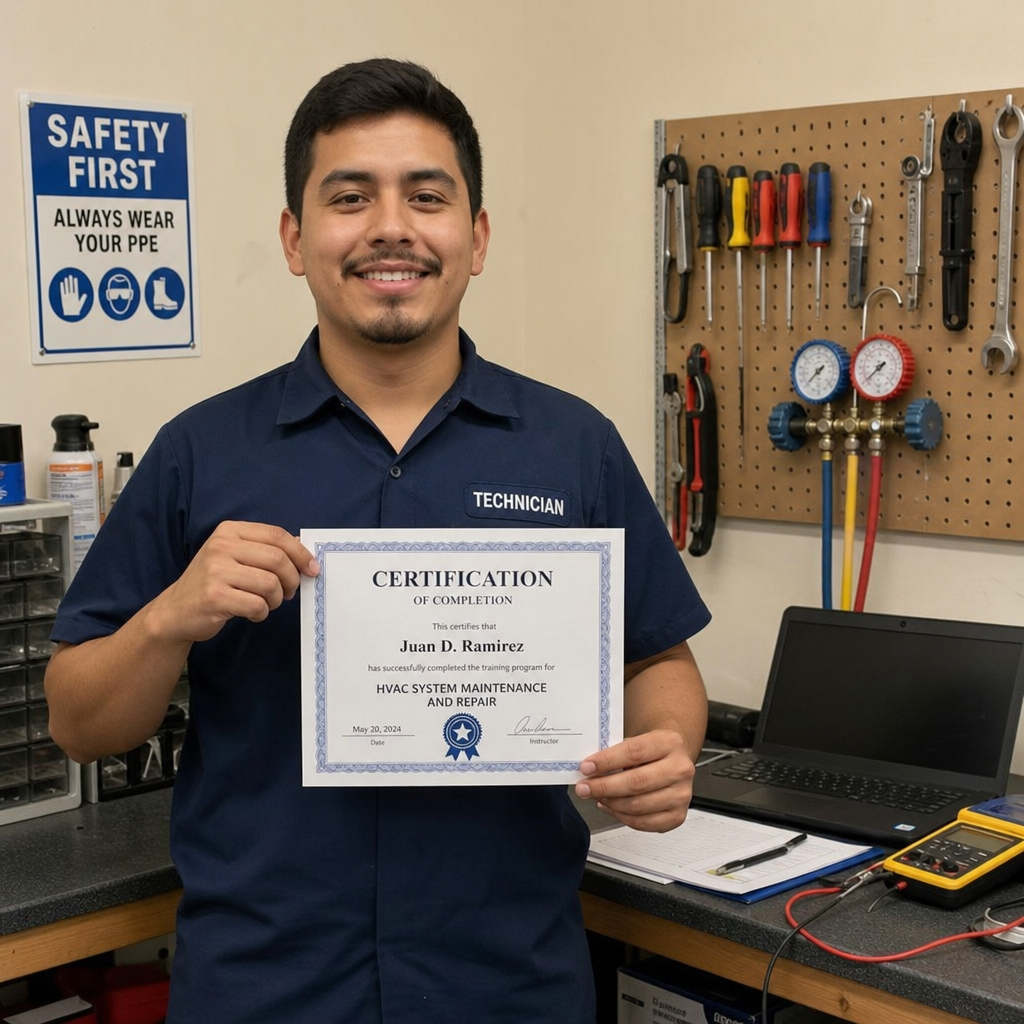 Technician proudly holding a certification document next to their workspace