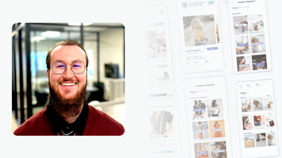 A profile of Sean, with glasses and a beard in a red pullover sweater and a black collar standing in front of a blurred office background. The image is overlaying a faded mockup of application design phone screens.