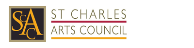 St Charles Arts Council logo spelled out with red and yellow lines under the title and an anagram of SCAC to the left in yellow over a black square.