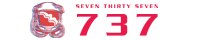 737 Apparel logo with a red and blue astronauts helmet to the left and the words seven thirty seven spelled out to the right and the numbers 737 below it in red