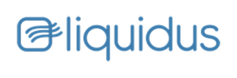 Liquidus logo in blue spelled out with the logomark to the left of it showing a rounded square outlined in blue and 3 wavy lines starting from center flowing to top right
