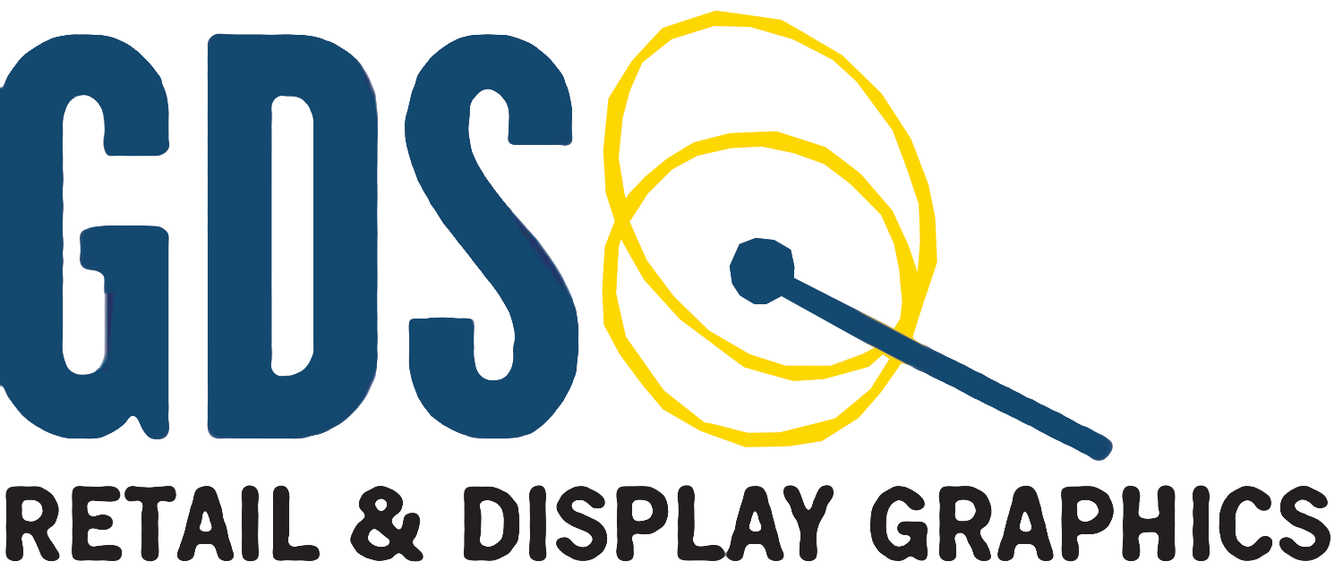 GDS Retail & Display Graphics logo all spelled out with a blue wand like object to the right and 2 gold rings orbiting the tip of the wand.