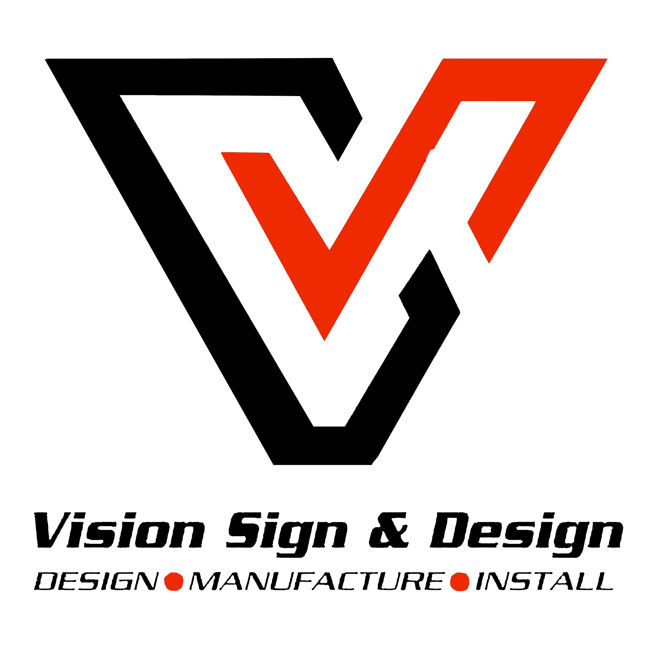 Vision Sign & Design logo with an anagram of the V and S combined with the V in black and the S in white and the words Vision Sign and Design, Design, Manufacture, Install written below it.