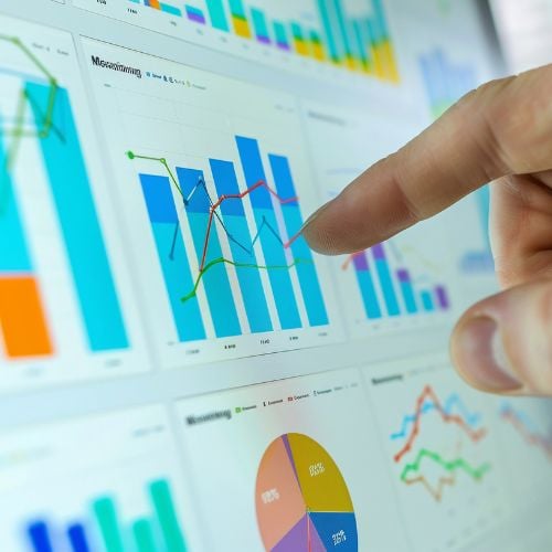 Finger pointing at a digital screen full of colour charts and diagrams displayed including bar, line and pie charts.