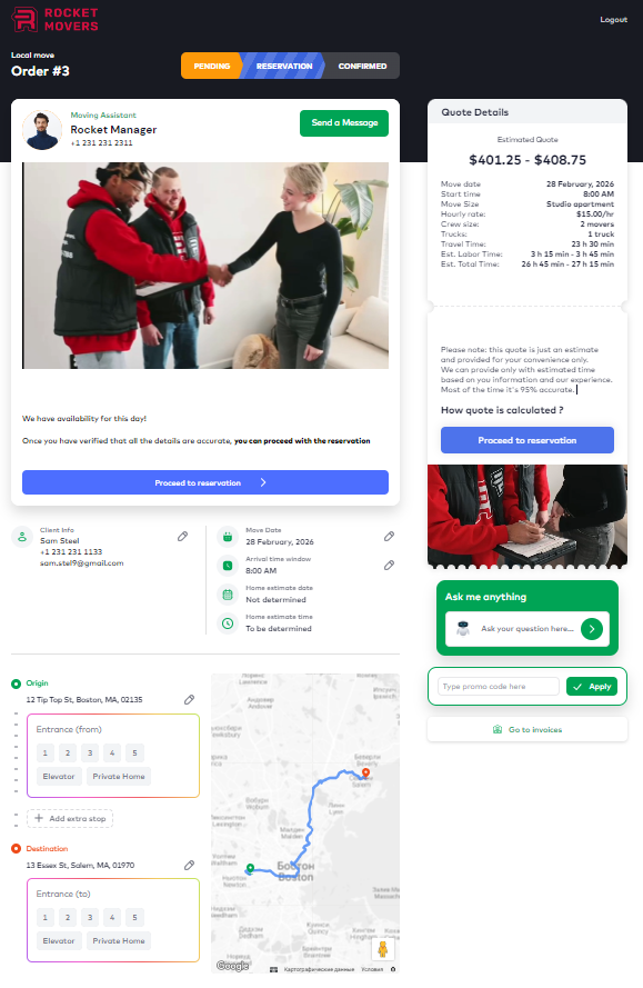 orange square movers customer's account page