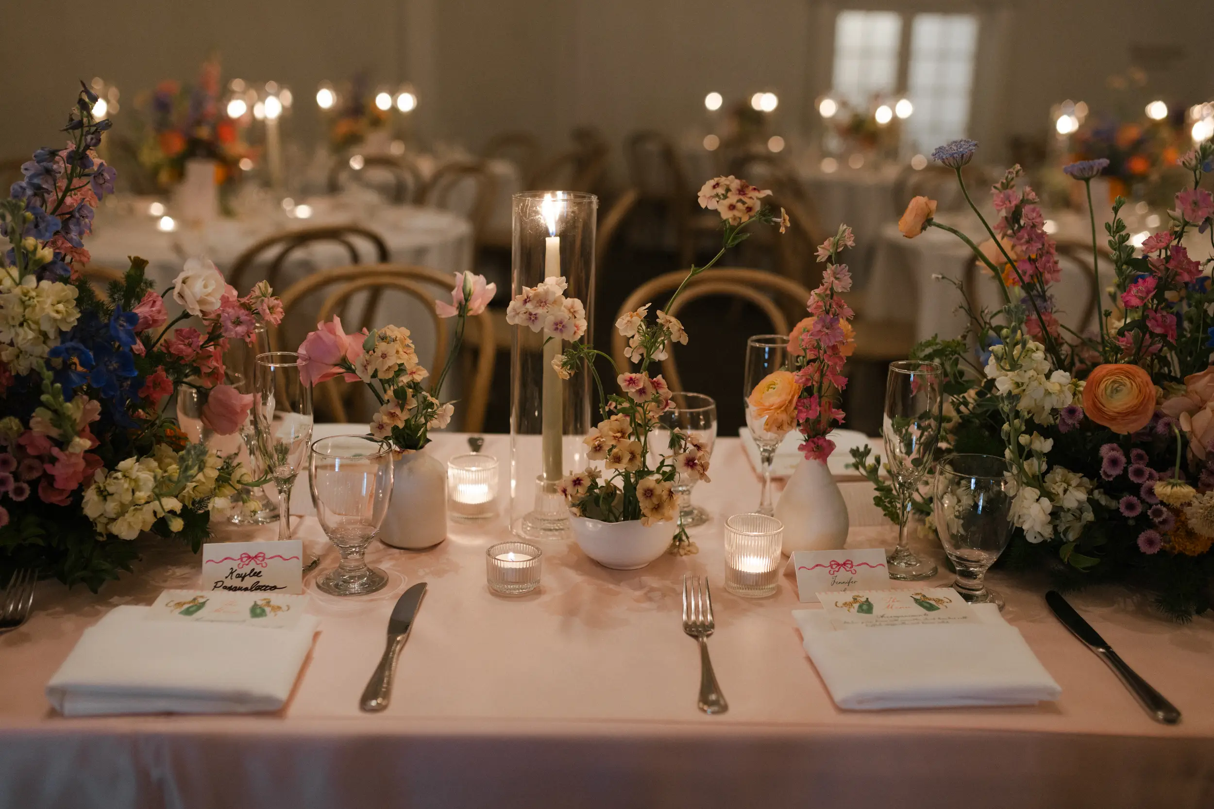 Wedding reception tabletop floral centerpieces.